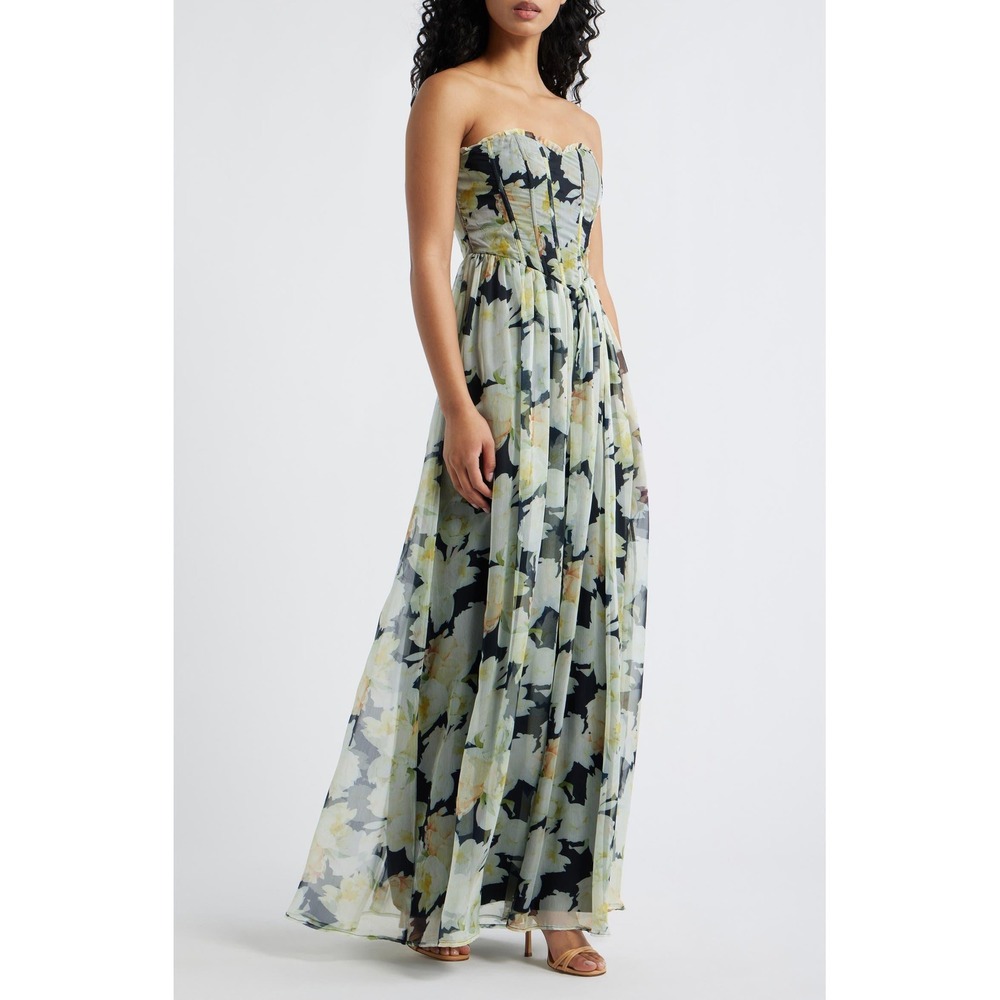 Lulus Remi Floral Strapless Corset Maxi Dress Black Floral Size Medium NWT
